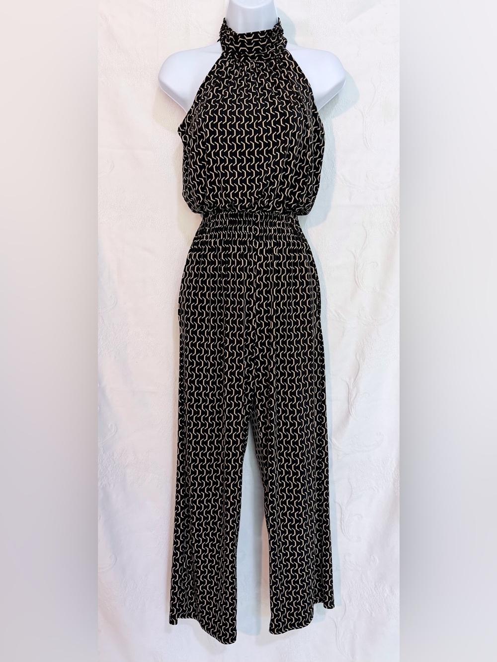 Enfocus Studio Black Jumpsuit with Gold Geometric Print D0058